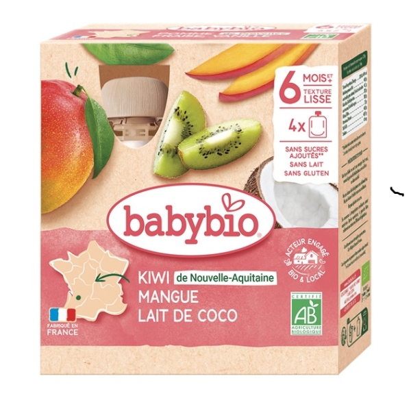 Babybio Kiwi de Nouvelle-Aquitaine Mangue Lait de Coco, pack de 4 sachets de 90 g. Convient aux bébés de 6 mois et plus. Présente des images de fruits et des labels de certification biologique français comme Babybio Poire de Provence Fleur d'Oranger. Dakar