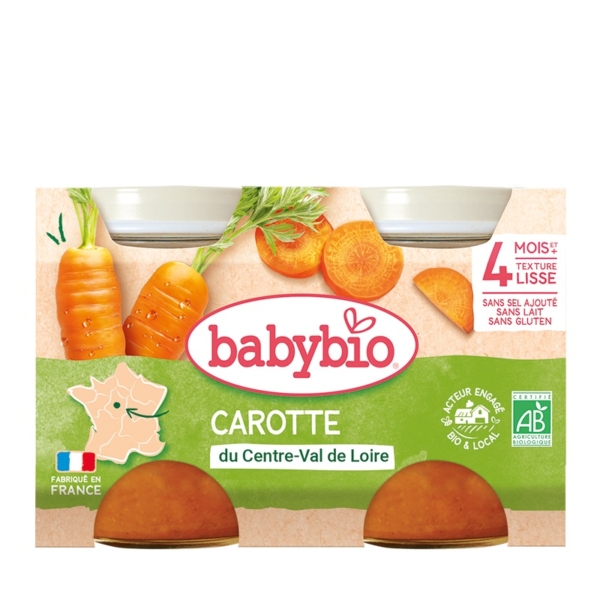Babybio Légumes bébé Carotte du Centre-Val de Loire Petits pots 2x130 g contient une purée de carottes bio à la texture onctueuse, fabriquée en France. Convient à partir de 4 mois et s'associe bien avec Babybio Maïs Doux 6 Mois et + Bio. Les images de carottes sont sur l'étiquette. Dakar