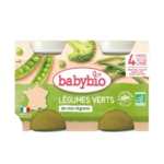 Deux pots de Babybio Légumes bébé Légumes verts de nos Régions Petits pots 2x130g, avec des légumes verts bio comme des carottes du Centre-Val de Loire, dans une pochette cartonnée avec des images de légumes. Convient aux bébés à partir de 4 mois. Dakar