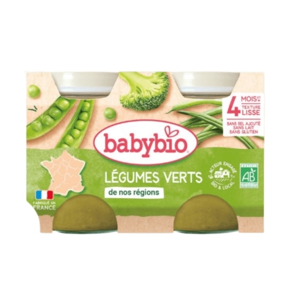 Deux pots de Babybio Légumes bébé Légumes verts de nos Régions Petits pots 2x130g, avec des légumes verts bio comme des carottes du Centre-Val de Loire, dans une pochette cartonnée avec des images de légumes. Convient aux bébés à partir de 4 mois. Dakar
