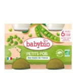 La face avant du paquet Babybio Légumes bébé Petits pois des Hauts-de-France Petits pots 2x130g présente des petits pois et des cosses, étiquetés pour les bébés de 6 mois et plus, sans sel, lait ni gluten ajoutés. Dakar