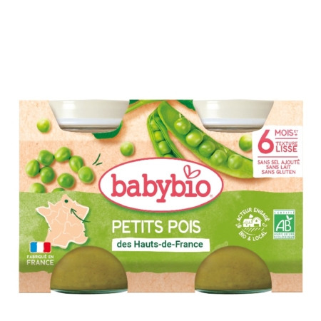 La face avant du paquet Babybio Légumes bébé Petits pois des Hauts-de-France Petits pots 2x130g présente des petits pois et des cosses, étiquetés pour les bébés de 6 mois et plus, sans sel, lait ni gluten ajoutés. Dakar