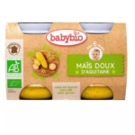 Deux pots de nourriture pour bébé Babybio Maïs Doux 6 Mois et + Bio (2 x 130 g) dans un emballage écologique, labellisés pour les bébés à partir de 6 mois. Le texte français met en évidence les ingrédients biologiques et sans allergènes. Comprend la marque Babybio Biscuits bébé Petits Boudoirs à la Vanille. Dakar