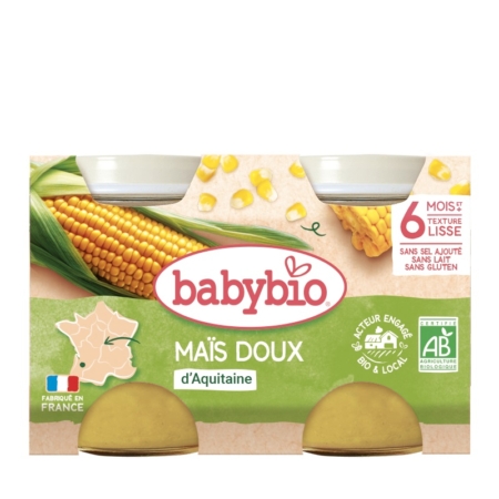 Deux pots de Babybio Maïs Doux 6 Mois et + Bio (2 x 130g), purée de maïs doux biologique pour les bébés à partir de 6 mois, d'origine française et certifiée bio, emballée avec de l'imagerie de maïs. Dakar