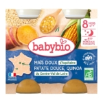 Babybio Maïs doux d'Aquitaine Patate douce de nos Régions Quinoa du Centre-Val de Loire (2 pots de 200 g) est un aliment bio pour bébé dès 8 mois, à base de maïs, de patate douce et de quinoa. L'emballage présente les ingrédients, une carte de France et des logos bio. Dakar