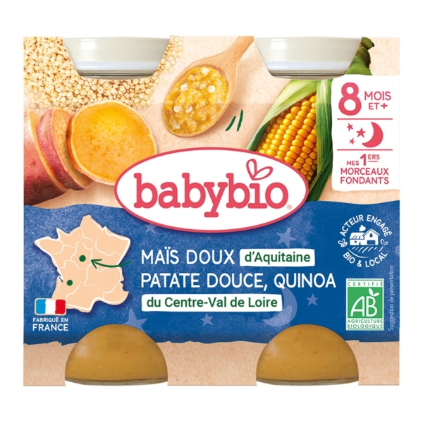 Babybio Maïs doux d'Aquitaine Patate douce de nos Régions Quinoa du Centre-Val de Loire (2 pots de 200 g) est un aliment bio pour bébé dès 8 mois, à base de maïs, de patate douce et de quinoa. L'emballage présente les ingrédients, une carte de France et des logos bio. Dakar