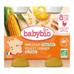 Babybio Maïs Doux Poulet 8 Mois et + Bio se présente sous la forme d'un pack de 2 pots (200g chacun), avec l'image du maïs et du poulet, la carte de France, la certification bio, et les icônes de texture onctueuse, d'ingrédients sans gluten, et de fabrication française. Dakar