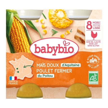 Babybio Maïs Doux Poulet 8 Mois et + Bio se présente sous la forme d'un pack de 2 pots (200g chacun), avec l'image du maïs et du poulet, la carte de France, la certification bio, et les icônes de texture onctueuse, d'ingrédients sans gluten, et de fabrication française. Dakar