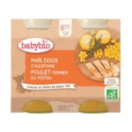 Babybio Maïs Doux Poulet 8 Mois et + Bio 2 Pots de 200 g présente « Maïs Doux d'Aquitaine Poulet Fermier du Poitou », avec des images de maïs, des tranches de poulet, des herbes et une certification biologique française sur l'emballage. Dakar