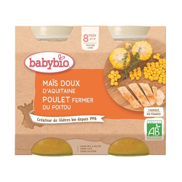 Babybio Maïs Doux Poulet 8 Mois et + Bio 2 Pots de 200 g présente « Maïs Doux d'Aquitaine Poulet Fermier du Poitou », avec des images de maïs, des tranches de poulet, des herbes et une certification biologique française sur l'emballage. Dakar