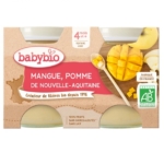 Pack Babybio Mangue Pomme 4 Mois et Plus Bio (2 x 130 g) : purée de mangue et pomme bio pour bébé dès 4 mois. L'emballage présente des dés de mangue, des tranches de pomme, des certifications et le logo Babybio. Dakar