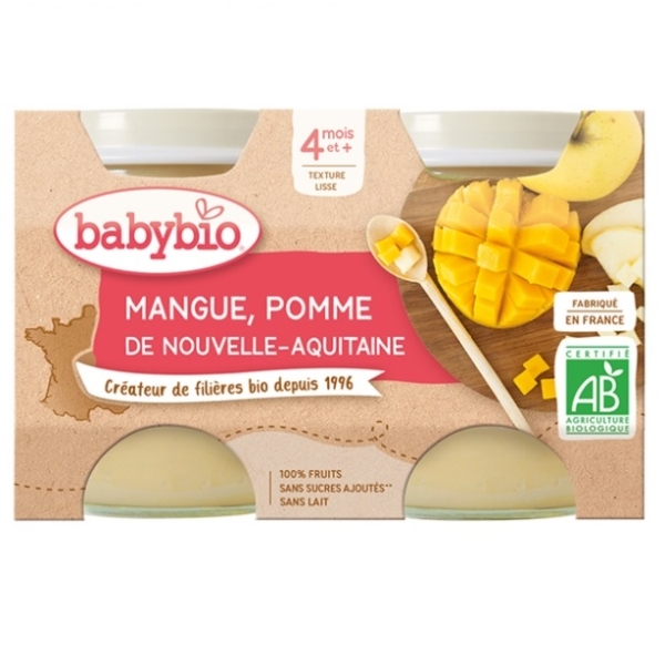 Pack Babybio Mangue Pomme 4 Mois et Plus Bio (2 x 130 g) : purée de mangue et pomme bio pour bébé dès 4 mois. L'emballage présente des dés de mangue, des tranches de pomme, des certifications et le logo Babybio. Dakar