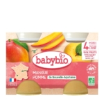 Babybio Mangue Pomme 4 Mois et plus Bio 2 Pots 130 g propose une purée de mangue et de pomme bio en deux pots, étiquetée "4 mois+", "100% fruits" et "Made in France" avec certification bio et locale sur l'emballage. Dakar