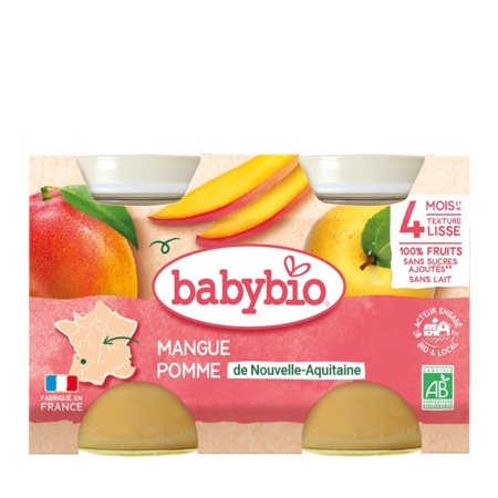 Babybio Mangue Pomme 4 Mois et plus Bio 2 Pots 130 g propose une purée de mangue et de pomme bio en deux pots, étiquetée "4 mois+", "100% fruits" et "Made in France" avec certification bio et locale sur l'emballage. Dakar