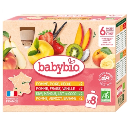 Babybio Multiparfums 6 Mois et plus Bio propose 8 sachets bio sans gluten (90g chacun) à la pomme, au kiwi de Nouvelle-Aquitaine, à la pêche, à la banane et plus encore pour les bébés de 6 mois et plus, ajoutant une touche de fraîcheur française aux repas. Dakar