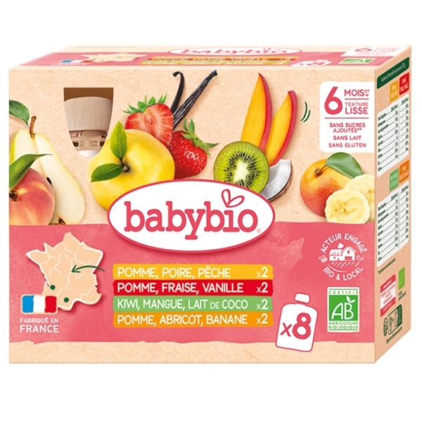Babybio Multiparfums 6 Mois et plus Bio propose 8 sachets bio sans gluten (90g chacun) à la pomme, au kiwi de Nouvelle-Aquitaine, à la pêche, à la banane et plus encore pour les bébés de 6 mois et plus, ajoutant une touche de fraîcheur française aux repas. Dakar