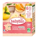 Le Babybio Fruits bébé Pomme d'Occitanie Orange Banane Pack de 4 gourdes de 90g présente des pommes, des oranges et des bananes sur l'emballage. Labellisée "Pomme d'Occitanie, Orange, Banane", elle est bio, pour bébé à partir de 6 mois, texture onctueuse, fabriquée en France. Dakar