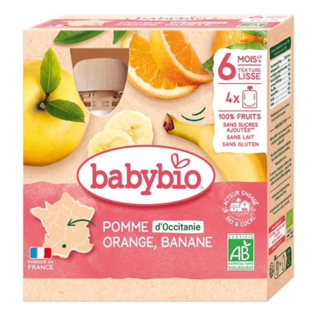 Le Babybio Fruits bébé Pomme d'Occitanie Orange Banane Pack de 4 gourdes de 90g présente des pommes, des oranges et des bananes sur l'emballage. Labellisée "Pomme d'Occitanie, Orange, Banane", elle est bio, pour bébé à partir de 6 mois, texture onctueuse, fabriquée en France. Dakar