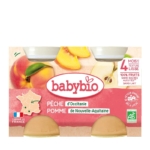 Babybio Pêche Pomme 4 Mois et + Bio 2 Pots de 130 g propose un aliment pour bébé dès 4 mois, alliant pêche et pomme biologiques. L'emballage présente des illustrations de fruits et un texte en français mettant en valeur les ingrédients biologiques et régionaux. Dakar