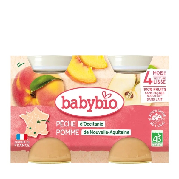 Babybio Pêche Pomme 4 Mois et + Bio 2 Pots de 130 g propose un aliment pour bébé dès 4 mois, alliant pêche et pomme biologiques. L'emballage présente des illustrations de fruits et un texte en français mettant en valeur les ingrédients biologiques et régionaux. Dakar