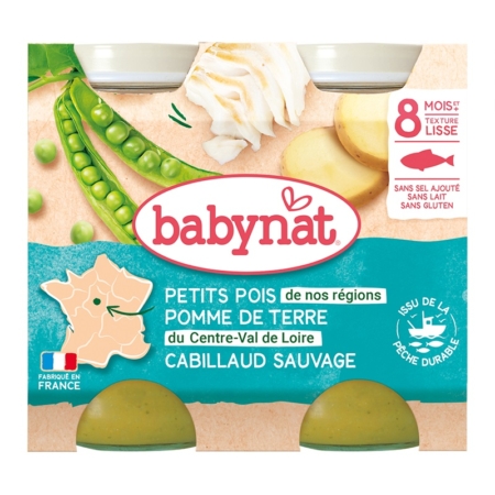 Première étiquette de Babybio Petits Pois Panais Courgette Veau Fermier, montrant des petits pois, du panais, des courgettes et du veau fermier. Le texte met en avant les Petits Pois comme ingrédient clé. Convient aux bébés de plus de 6 mois. Paquet de 2 pots (200g chacun), bio. Dakar