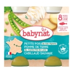 Babynat Petits pois de nos régions Pomme de terre du Centre-Val de Loire Cabillaud Sauvage L'emballage 2x200g présente des pois, des pommes de terre, de la morue, des images d'ingrédients, une carte de France et des étiquettes françaises : texture lisse, sans gluten, pêche durable. Dakar
