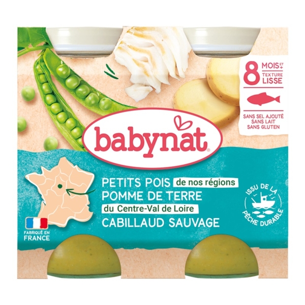 Babynat Petits pois de nos régions Pomme de terre du Centre-Val de Loire Cabillaud Sauvage L'emballage 2x200g présente des pois, des pommes de terre, de la morue, des images d'ingrédients, une carte de France et des étiquettes françaises : texture lisse, sans gluten, pêche durable. Dakar
