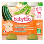 Un paquet de Babybio Petits pois de nos régions Pomme de terre du Centre-Val de Loire Cabillaud Sauvage (2x200g), avec des petits pois, des pommes de terre et du cabillaud sur l'étiquette, la certification biologique, les ingrédients et une carte de France. Dakar