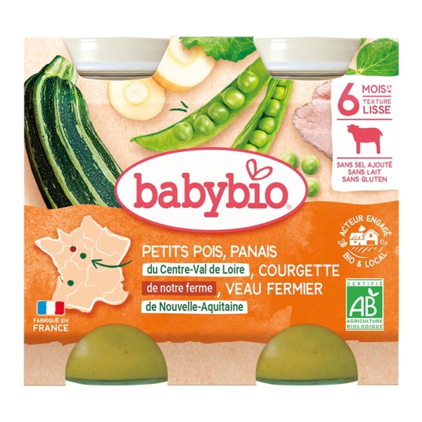 Babybio Petits pois Panais du Centre-Val de Loire Courgette de notre Ferme Veau fermier de Nouvelle-Aquitaine est un aliment bébé bio (2x200g) à base de petits pois, panais, courgettes et veau fermier. Fabriqué en France pour les bébés à partir de 6 mois. L'emballage comporte une carte de France. Dakar