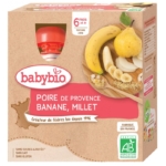 Babybio Poire Banane Millet 6 Mois et plus Bio, pack de 4 gourdes de 90g, est une compote pour bébés dès 6 mois à base de poire, banane et millet. Certifié bio et d'origine française. Dakar