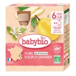 Le paquet de 4 gourdes de 90 g Babybio Poire de Provence Fleur d'Oranger présente des saveurs de poire et de fleur d'oranger, avec une carte de France. L'emballage met en avant les labels bio, local et sans gluten. Convient aux bébés dès 6 mois. Dakar