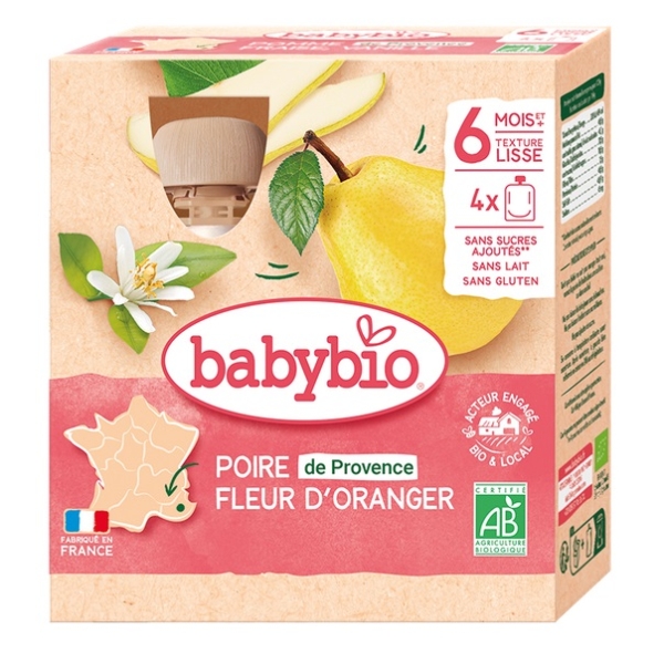 Le paquet de 4 gourdes de 90 g Babybio Poire de Provence Fleur d'Oranger présente des saveurs de poire et de fleur d'oranger, avec une carte de France. L'emballage met en avant les labels bio, local et sans gluten. Convient aux bébés dès 6 mois. Dakar