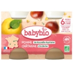 Babybio Pomme Châtaigne 6 Mois et plus Bio 2 Pots Purée de 130 g pour bébé, avec images de pomme et de châtaigne, marquage du produit, drapeau français, labels bio et locaux, ainsi que des informations nutritionnelles sur l'emballage. Dakar