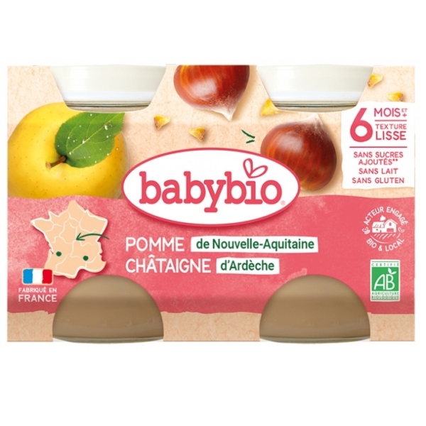 Babybio Pomme Châtaigne 6 Mois et plus Bio 2 Pots Purée de 130 g pour bébé, avec images de pomme et de châtaigne, marquage du produit, drapeau français, labels bio et locaux, ainsi que des informations nutritionnelles sur l'emballage. Dakar