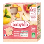 Babybio Poire Banane Millet 6 Mois et plus Bio Pack de 4 x 90g est un aliment biologique pour bébé de 6 mois et plus, à base de poire, de banane et de millet. L'emballage présente des images de fruits, une carte de France et indique qu'il n'y a pas de sucre ni de sel ajoutés. Dakar