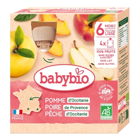 Babybio Poire Banane Millet 6 Mois et plus Bio Pack de 4 x 90g est un aliment biologique pour bébé de 6 mois et plus, à base de poire, de banane et de millet. L'emballage présente des images de fruits, une carte de France et indique qu'il n'y a pas de sucre ni de sel ajoutés. Dakar