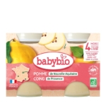 Babybio Pomme de Nouvelle-Aquitaine Coing de Provence Petits pots 2x130 g à base de pommes et de coings, est onctueux, convient dès 4 mois, sans sucre ajouté, sans lait ni gluten. Labels : "Fabriqué en France", certifié biologique. Dakar