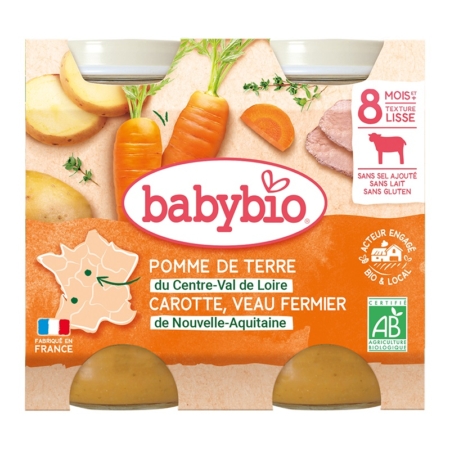 L'étiquette des petits pots Babybio 2x200g met en avant les carottes, le veau et la pomme de terre du Centre-Val de Loire. Adapté aux enfants de 8 mois et plus, il est certifié bio et d'origine française. Dakar