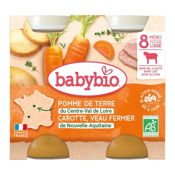 L'étiquette des petits pots Babybio 2x200g met en avant les carottes, le veau et la pomme de terre du Centre-Val de Loire. Adapté aux enfants de 8 mois et plus, il est certifié bio et d'origine française. Dakar