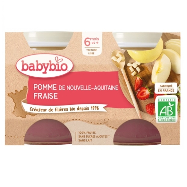 Babybio Pomme Fraise 6 Mois et Plus Bio (2 pots, 130 g) est une purée bio française pour bébés de 6 mois et plus, à base de pomme et de fraise. Livrée avec étiquettes d'origine et cuillère en bois. Dakar