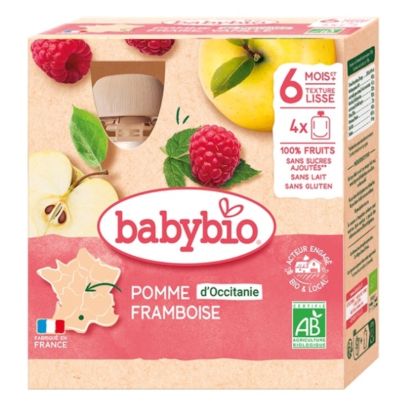Lot de 4 gourdes Babybio Fruits bébé Pomme d'Occitanie Framboise (4 x 90 g), petits pots bio pomme-framboise, sans gluten, sans sucres ajoutés, avec des illustrations de fruits. Dès 6 mois. Fabriqué en France. Dakar