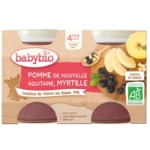 Babybio Pomme Myrtille 4 Mois et + Bio propose 2 pots de 130 g de purée onctueuse de pomme et myrtille bio, adaptée aux bébés dès 4 mois. Fabriqué en France, avec des tranches de pomme et des myrtilles sur l'étiquette. Dakar