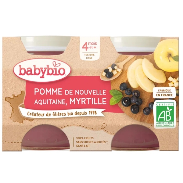 Babybio Pomme Myrtille 4 Mois et + Bio propose 2 pots de 130 g de purée onctueuse de pomme et myrtille bio, adaptée aux bébés dès 4 mois. Fabriqué en France, avec des tranches de pomme et des myrtilles sur l'étiquette. Dakar