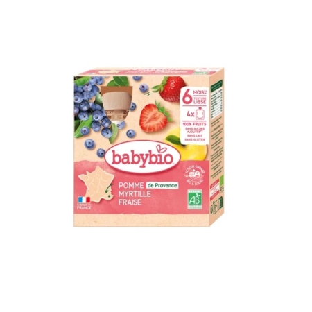 Babybio Pomme Myrtille Fraise 6 Mois et plus Bio (4x90g) aliments pour bébés à base de pommes, myrtilles et fraises ; convient à partir de 6 mois, 100% fruits et sans gluten comme indiqué sur l'étiquette. Dakar