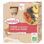 Babybio Pomme Myrtille Fraise 6 Mois et Plus Bio : pour les bébés de 6 mois et plus, aux pommes, myrtilles et fraises. Présenté en 4 sachets bio de 90 g, fabriqué en France, avec des fruits frais présentés sur une planche en bois. Dakar