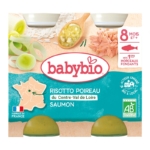 Babybio Risotto Poireau du Centre-Val de Loire Saumon Pots 2x200g pour bébés 8+ mois présente des poireaux, du saumon, une cuillère, un étiquetage français et des symboles de certification biologique sur l'emballage. Dakar