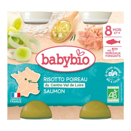 Babybio Risotto Poireau du Centre-Val de Loire Saumon Pots 2x200g pour bébés 8+ mois présente des poireaux, du saumon, une cuillère, un étiquetage français et des symboles de certification biologique sur l'emballage. Dakar