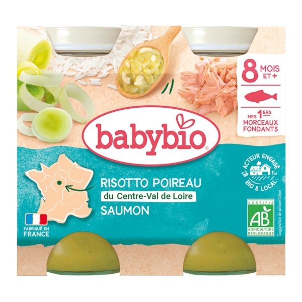 Babybio Risotto Poireau du Centre-Val de Loire Saumon Pots 2x200g pour bébés 8+ mois présente des poireaux, du saumon, une cuillère, un étiquetage français et des symboles de certification biologique sur l'emballage. Dakar