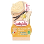 Babybio Desserts lactés bébé Riz au lait Vanille 2 x 100 g est un riz au lait à la vanille bio pour bébés de 8 mois et plus, fabriqué en France. L'emballage présente des images de gousses de vanille, de riz et d'un bol de pudding, soulignant son origine biologique certifiée. Dakar