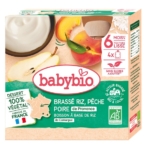 Babybio Desserts végétaux bébé Brassé Riz Pêche Poire de Provence, pack de 4 sachets de 85 g. Vegan, sans sucre ajouté, fabriqué en France. Présente une texture lisse et de jolies illustrations de fruits sur l'emballage. Dakar